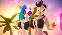 Size: 5120x2880 | Tagged: safe, artist:silkworm205, edit, imported from derpibooru, dj pon-3, octavia melody, vinyl scratch, anthro, earth pony, unicorn, series:silkworm205's weekly artwork 2024, 3d, absurd resolution, adidas, alternate hairstyle, beach, big breasts, breast size difference, breasts, busty octavia melody, clothes, coffee cup, cup, duo, duo female, female, floppy ears, fluffy mane, fluffy tail, hairband, hand on hip, horn, lesbian, magic, medium support, meme, midriff, multicolored hair, palm tree, reasonably sized breasts, revamped anthros, scratchtavia, selfie, shipping, size difference, source filmmaker, speech bubble, sports bra, summer, sun, sunglasses, tail, telekinesis, tree, wallpaper, wallpaper edit