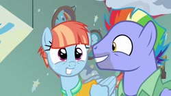 Size: 1280x720 | Tagged: safe, edit, edited screencap, imported from derpibooru, screencap, bow hothoof, windy whistles, pegasus, pony, parental glideance, bowabetes, clothes, cute, duo, female, freckles, grin, jacket, looking at each other, looking at someone, male, mare, smiling, smiling at each other, stallion, windybetes