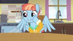 Size: 1278x718 | Tagged: safe, edit, edited screencap, imported from derpibooru, screencap, windy whistles, pegasus, pony, parental glideance, cheek squish, clothes, cute, female, grin, hoof on cheek, jacket, kitchen, mare, smiling, solo, spread wings, squishy cheeks, windybetes, wings