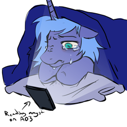 Size: 1000x1000 | Tagged: safe, artist:0liiver, imported from derpibooru, princess luna, alicorn, pony, blanket, crying, doodle, phone, pillow, sketch, solo