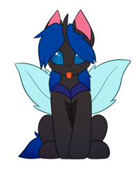 Size: 2048x2560 | Tagged: safe, artist:keupoz, imported from derpibooru, oc, oc only, oc:swift dawn, changeling, blue changeling, blue eyes, changeling oc, commission, cute, cuteling, eye clipping through hair, high res, horn, insect wings, looking at you, male, ocbetes, signature, simple background, sitting, smiling, smiling at you, solo, tongue out, transparent background, wings