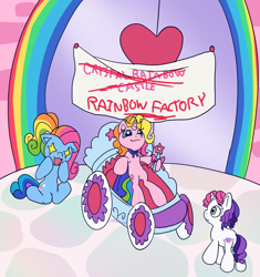 Size: 1892x2014 | Tagged: safe, artist:serasugee, imported from derpibooru, rainbow dash (g3), rarity (g3), sweetie belle (g3), earth pony, pony, unicorn, fanfic:rainbow factory, background, blue eyes, blue fur, crystal rainbow castle, fanfic art, female, filly, foal, g3, g3.5, green eyes, horn, multicolored hair, ponytail, purple hair, rainbow hair, simple shading, white fur