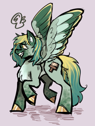 Size: 2004x2672 | Tagged: safe, imported from derpibooru, oc, oc only, pegasus, pony, colored hooves, dishevelled, gold hooves, grin, hooves, messy mane, nervous, nervous grin, original art, pegasus oc, smiling, solo, spread wings, teal coat, teal mane, three toned wings, two toned mane, wings, yellow eyes