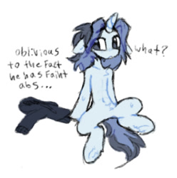 Size: 1111x1121 | Tagged: safe, artist:flixanoa, imported from derpibooru, oc, oc only, oc:fef, pony, unicorn, abs, big eyes, black hoodie, blue coat, blush lines, blushing, clothes, dialogue, eye clipping through hair, featureless crotch, floppy ears, gray eyes, hoodie, horn, light blue coat, looking back, male, male oc, simple background, sitting, slender, solo, spread legs, spreading, stallion oc, sweat, tail, talking, text, thin, two toned mane, two toned tail, unicorn oc, white background