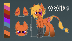 Size: 3584x2048 | Tagged: safe, artist:keupoz, imported from derpibooru, oc, oc only, oc:corona lionheart, draconequus, abstract background, commission, draconequus oc, ear markings, ear piercing, facial markings, freckles, piercing, reference sheet, text