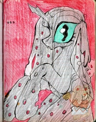 Size: 640x808 | Tagged: safe, artist:larvaecandy, imported from derpibooru, queen chrysalis, changeling, changeling queen, alternate eye color, alternate mane color, big eyes, big hooves, blue eyes, crayon drawing, eyelashes, fangs, female, frown, graph paper, gray body, gray mane, limited palette, missing accessory, raised hooves, slit pupils, solo, straight mane, teal eyes, traditional art