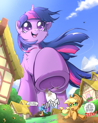 Size: 1080x1355 | Tagged: safe, artist:rai-kun, imported from derpibooru, applejack, rainbow dash, twilight sparkle, earth pony, pegasus, pony, unicorn, chest fluff, cute, dialogue, female, giant pony, giantess, happy, imminent crushing, looming, looming over, macro, mare, ponyville, raised hoof, running, running away, smiling, speech bubble, stomping, this will end in property damage, twiabetes, twizilla, underhoof, unicorn twilight