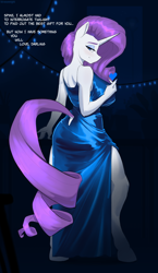 Size: 2424x4180 | Tagged: safe, artist:kirasunnight, imported from derpibooru, rarity, anthro, unguligrade anthro, unicorn, big breasts, blue dress, blue eyes, breasts, busty rarity, clothes, dress, eyeshadow, female, full body, heart, hooves, horn, huge breasts, makeup, purple mane, solo, solo female, tail, text