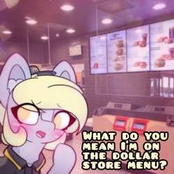 Size: 4096x4096 | Tagged: safe, artist:sodapop sprays, imported from derpibooru, part of a set, derpy hooves, pegasus, pony, series:derpy can't catch a break, blushing, chest fluff, clothes, ear fluff, eye clipping through hair, fast food, food, freckles, looking at you, mcdonald's, meme, solo, text