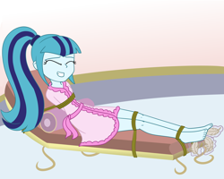 Size: 2500x2000 | Tagged: safe, artist:nie-martw-sie-o-mnie, imported from derpibooru, part of a set, sonata dusk, human, equestria girls, bathrobe, bondage, clothes, eyes closed, feather, feet, foot tickling, robe, rope, rope bondage, spa, tickling, tied down