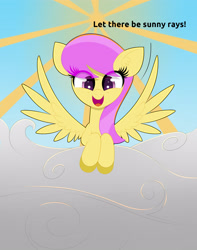 Size: 3000x3800 | Tagged: safe, artist:scandianon, imported from derpibooru, sunny rays, pegasus, pony, cloud, female, happy, looking at you, mare, open mouth, open smile, outdoors, smiling, spread wings, sun, talking, talking to viewer, wings