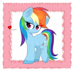 Size: 2439x2341 | Tagged: safe, artist:scandianon, imported from derpibooru, rainbow dash, pegasus, pony, female, full body, heart, lidded eyes, looking at you, mare, passepartout, raised leg, simple background, smiling, tilde