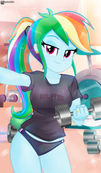 Size: 576x986 | Tagged: safe, artist:charliexe, imported from derpibooru, rainbow dash, human, equestria girls, 2d, bangs, bedroom eyes, breasts, clothes, ear piercing, earring, female, gym, hairband, indoors, jewelry, legs, lidded eyes, looking at you, multicolored hair, piercing, ponytail, rainbow hair, shirt, short sleeves, sideburns, smiling, smiling at you, solo, sports panties, thighs, weights