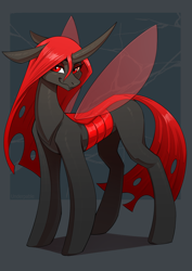 Size: 2480x3508 | Tagged: safe, artist:underpable, imported from derpibooru, oc, oc only, oc:queen pentax, changeling, changeling queen, carapace, changeling queen oc, changeling wings, curved horn, female, floppy ears, gray coat, horn, looking at you, quadrupedal, red changeling, red eyes, red mane, red tail, red wings, smiling, smirk, solo, spread wings, standing, tail, three quarter view, wings