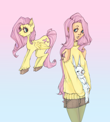 Size: 2268x2520 | Tagged: safe, artist:takifug4, imported from derpibooru, angel bunny, fluttershy, human, pegasus, pony, rabbit, animal, clothes, cute, female, humanized, leggings, male, mare, shorts, shyabetes, solo, sweater, sweatershy, tattoo, unshorn fetlocks