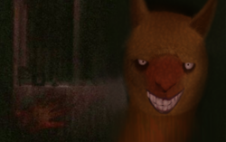 Size: 2278x1434 | Tagged: safe, artist:hitsuji, edit, imported from derpibooru, alpaca, them's fightin' herds, community related, creepy, creepy smile, creepypasta, looking at you, paprika (tfh), photo, photo manipulation, smile dog, smiling, solo