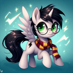 Size: 755x755 | Tagged: prompter needed, safe, imported from derpibooru, alicorn, pony, ai content, ai generated, clothes, glasses, harry potter, harry potter (series), male, scarf