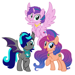 Size: 5000x5000 | Tagged: safe, edit, editor:awesomegamergame, imported from derpibooru, oc, oc only, oc:meadow bell, oc:midnight storm, oc:rosey beam, alicorn, bat pony, pony, unicorn, absurd resolution, alicorn oc, bat ears, bat pony oc, bat wings, cute, eyelashes, fangs, female, female oc, group, group photo, happy, horn, jewelry, looking at you, male, male oc, multicolored hair, necklace, open mouth, simple background, smiling, spread wings, tail, transparent background, unicorn oc, vector, vector trace, wings