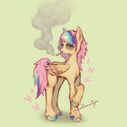 Size: 2819x2819 | Tagged: safe, artist:p1elemuisje, imported from derpibooru, applejack, fluttershy, pinkie pie, rainbow dash, rarity, twilight sparkle, butterfly, pegasus, alternate hairstyle, cigarette, colored hooves, colored wings, drugs, ear piercing, emo, flutterhigh, folded wings, hair over one eye, high, hooves, joint, looking at you, mane six, marijuana, multicolored hair, multicolored hooves, multicolored mane, multicolored tail, piercing, pink hair, pipe, rainbow hair, rainbow hooves, red eyes, scene, scene hair, scene kid, smoke, smoking, solo, stoned, tail, two toned wings, wings, yellow coat