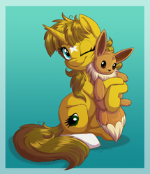 Size: 1216x1414 | Tagged: safe, artist:sirzi, imported from derpibooru, oc, oc only, eevee, pony, unicorn, gradient background, horn, plushie, pokémon, solo, unicorn oc