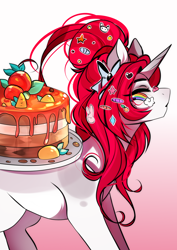 Size: 1516x2144 | Tagged: safe, artist:krissstudios, artist:shamy-crist, imported from derpibooru, oc, oc only, oc:yuko, pony, unicorn, cake, female, food, gradient background, horn, mare, solo