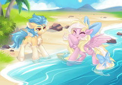 Size: 1920x1344 | Tagged: artist needed, safe, imported from derpibooru, oc, oc only, oc:bay breeze, oc:sea biscuit, earth pony, pegasus, beach, bow, cute, duo, duo male and female, earth pony oc, eyes closed, female, hair bow, male, mare, ocean, palm tree, pegasus oc, stallion, tail, tail bow, tree, water, wings