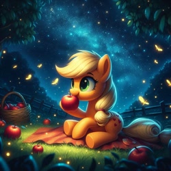 Size: 736x736 | Tagged: safe, imported from derpibooru, applejack, earth pony, pony, ai content, ai generated, apple, basket, blanket, cute, eating, female, food, grass, happy, hatless, mare, missing accessory, night, outdoors, prompter:nightofcore, sitting, sky, solo, stars, tree