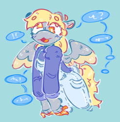 Size: 1329x1352 | Tagged: safe, artist:tottallytoby, imported from derpibooru, derpy hooves, anthro, pegasus, :3, alternate design, beanbrows, blonde mane, blonde tail, blue background, blush lines, blushing, clothes, colored eyebrows, colored hooves, colored pinnae, colored wings, colored wingtips, commission, denim, derp, doodle, ear freckles, exclamation point, eye clipping through hair, eyebrows, eyebrows visible through hair, eyelashes, female, floppy ears, freckles, gray coat, hand freckles, heterochromia, hoof hands, hooves, long sleeves, long tail, mare, open mouth, open smile, overalls, shiny mane, shiny tail, simple background, smiling, solo, speech bubble, spread wings, sweater, tail, turtleneck, turtleneck sweater, two toned wings, white pupils, wing freckles, wings, yellow hooves, yellow wingtips