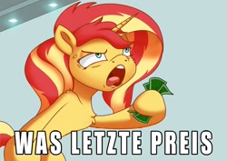 Size: 2048x1448 | Tagged: safe, artist:bluishdraft, imported from derpibooru, sunset shimmer, pony, unicorn, female, german, horn, meme, ponified meme, shut up and take my money, solo