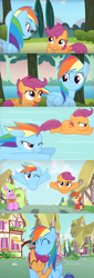 Size: 1027x3011 | Tagged: artist needed, safe, anonymous artist, artist:eiour, imported from derpibooru, rainbow dash, scootaloo, earth pony, pegasus, pony, comic:learn to fly, ^^, basket, clothes, comic, cute, cutealoo, daaaaaaaaaaaw, dashabetes, duo, eyes closed, female, filly, flower, flying, foal, glasses, grin, heartwarming, hug, looking at each other, looking at someone, mare, one eye closed, open mouth, open smile, ponyville, scootaloo can fly, scootalove, siblings, sisters, smiling, smiling at each other, smirk, spread wings, sweet dreams fuel, wholesome, winghug, wings, wink