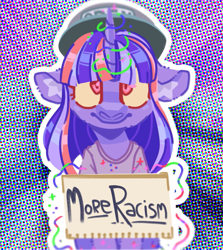 Size: 1579x1774 | Tagged: safe, artist:pastacrylic, edit, editor:strifesnout, imported from twibooru, twilight sparkle, pony, cap, clothes, hat, image, levitation, magic, mouthpiece, png, positive ponies, racism, red eyes, shirt, sign, solo, t-shirt, telekinesis, truth