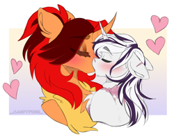 Size: 2500x2000 | Tagged: safe, artist:_candypone_, imported from derpibooru, oc, oc:polina star, oc:yiazmat, dracony, dragon, hybrid, pony, unicorn, bust, chest fluff, couple, french kiss, heart, horn, hybrid oc, kissing, scar, shipping, unicorn oc