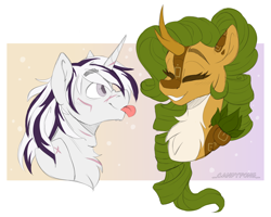 Size: 2500x2000 | Tagged: safe, artist:_candypone_, imported from derpibooru, oc, oc:eldorada, oc:yiazmat, kirin, unicorn, :p, amused, chest fluff, couple, happy, horn, kirin oc, scar, shipping, silly, tongue out, unicorn oc