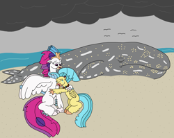 Size: 2924x2328 | Tagged: safe, artist:supahdonarudo, imported from derpibooru, princess skystar, queen novo, classical hippogriff, hippogriff, whale, my little pony: the movie, beach, cloud, cloudy, comforting, crying, dead, female, hug, jewelry, mother and child, mother and daughter, necklace, ocean, sad, sadness, sand, water