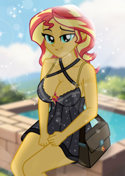 Size: 1422x2000 | Tagged: safe, artist:emeraldblast63, imported from derpibooru, sunset shimmer, human, equestria girls, big breasts, breasts, busty sunset shimmer, clothes, dress, lens flare, lidded eyes, looking at you, purse, sitting, smiling, sparkles