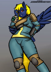 Size: 2893x4092 | Tagged: safe, artist:jcosneverexisted, imported from derpibooru, oc, oc only, oc:naveen numbers, anthro, pegasus, pony, clothes, fallout, female, pose, solo