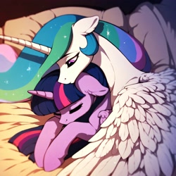 Size: 4096x4096 | Tagged: safe, imported from derpibooru, princess celestia, twilight sparkle, adoration, adoring, ai content, ai generated, cuddling, curved horn, cute, floppy ears, fluffy, generator:purplesmart.ai, generator:stable diffusion, horn, hug, missing accessory, momlestia, peaceful, prompter:justhereforthenachos, sleeping, snuggling, spread wings, sternocleidomastoid, sweet dreams fuel, wing hold, winghug, wings