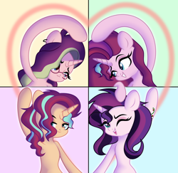 Size: 4000x3880 | Tagged: safe, artist:morello, imported from derpibooru, oc, oc only, oc:dawn light (ice1517), oc:dusk fire (ice1517), oc:evening glitter, oc:shadow shine, pony, unicorn, icey-verse, brother and sister, commission, ear piercing, earring, female, glasses, grin, heart, horn, jewelry, magical lesbian spawn, male, mare, multicolored hair, offspring, one eye closed, open mouth, parent:starlight glimmer, parent:sunset shimmer, parents:shimmerglimmer, piercing, siblings, sisters, smiling, stallion, tattoo, twins, wink, ych result