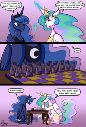 Size: 1582x2328 | Tagged: safe, artist:omny87, imported from derpibooru, princess celestia, princess luna, alicorn, pony, 3 panel comic, board game, cel shading, chess, chess piece, colored, comic, confused, confusion, crown, duo, duo female, english, female, glowing, glowing horn, gradient background, height difference, hoof shoes, horn, jewelry, magic, magic aura, mare, peytral, princess shoes, regalia, royal sisters, shading, siblings, sisters, sitting, speech bubble, table, talking, telekinesis