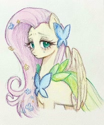 Size: 1599x1927 | Tagged: safe, artist:8322485074, imported from derpibooru, fluttershy, clothes, dress, flower, flower in hair, gala dress, solo, traditional art