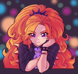 Size: 1541x1476 | Tagged: safe, artist:rileyav, imported from derpibooru, adagio dazzle, human, abstract background, bokeh, bracelet, clothes, eye clipping through hair, eyebrows, eyebrows visible through hair, female, frown, hand on chin, humanized, jacket, jewelry, leather, leather jacket, looking at you, solo, spiked wristband, wristband