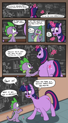 Size: 6600x12000 | Tagged: safe, artist:pony quarantine, imported from derpibooru, spike, twilight sparkle, unicorn, fanfic:short stories with pregnant ponies, chalkboard, comic, commission, dialogue, preglight sparkle, unicorn twilight