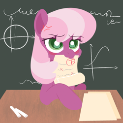 Size: 1800x1800 | Tagged: safe, artist:meteor s, imported from derpibooru, cheerilee, earth pony, pony, angry, blush sticker, blushing, chalk, chalkboard, cheeribetes, cheerilee is not amused, cross-popping veins, cute, emanata, f, fail, female, madorable, mare, math, mouth hold, paper, red little book source, solo, test paper, unamused