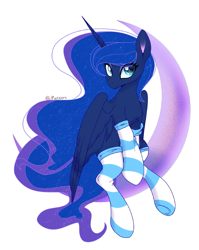 Size: 2039x2560 | Tagged: safe, artist:meteor s, imported from derpibooru, princess luna, alicorn, pony, chest fluff, clothes, concave belly, cute, looking at you, lunabetes, moon, red little book source, simple background, socks, solo, striped socks, thin, white background