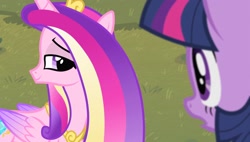 Size: 1920x1088 | Tagged: safe, imported from derpibooru, screencap, princess cadance, twilight sparkle, alicorn, pony, season 4, three's a crowd, duo, duo female, female, females only, lidded eyes, side view, twilight sparkle (alicorn)