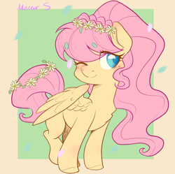 Size: 1500x1495 | Tagged: safe, artist:meteor s, imported from derpibooru, fluttershy, pegasus, pony, alternate hairstyle, alternate tailstyle, cute, female, floral head wreath, flower, flower in hair, mare, one eye closed, passepartout, petals, ponytail, red little book source, shyabetes, smiling, solo, tail, wreath