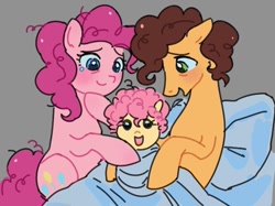 Size: 667x500 | Tagged: safe, artist:dulcesilly, imported from derpibooru, cheese sandwich, li'l cheese, pinkie pie, earth pony, pony, the last problem, baby, baby pony, bed, blushing, cheesepie, family, female, foal, gray background, in bed, male, messy mane, open mouth, open smile, shipping, simple background, smiling, straight, swaddled baby, teary eyes, trio