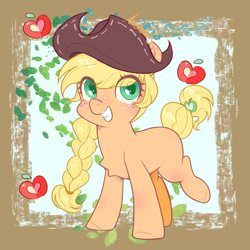 Size: 1800x1800 | Tagged: safe, artist:meteor s, imported from derpibooru, applejack, earth pony, pony, alternate hairstyle, alternate tailstyle, apple, braid, cute, food, jackabetes, leaf, red little book source, short tail, solo, tail