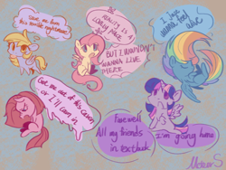 Size: 1080x810 | Tagged: safe, artist:meteor s, imported from derpibooru, derpy hooves, fluttershy, pinkie pie, rainbow dash, twilight sparkle, alicorn, earth pony, pegasus, pony, cute, depressed, depressing, depression, dialogue, pinkamena diane pie, red little book source, sad, sadorable, song reference, speech bubble, thought bubble, twilight sparkle (alicorn)