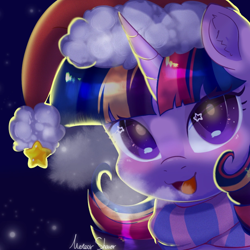 Size: 1080x1080 | Tagged: safe, artist:meteor s, imported from derpibooru, twilight sparkle, pony, blush sticker, blushing, breathing, christmas, clothes, cute, hat, holiday, horn, red little book source, santa hat, scarf, solo, striped scarf, twiabetes